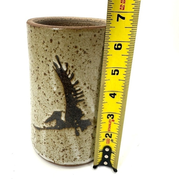 Signed Pterodactyl Art Pottery Vase Cylinder Dinosaur Bird Speckle Glaze - Picture 8 of 10